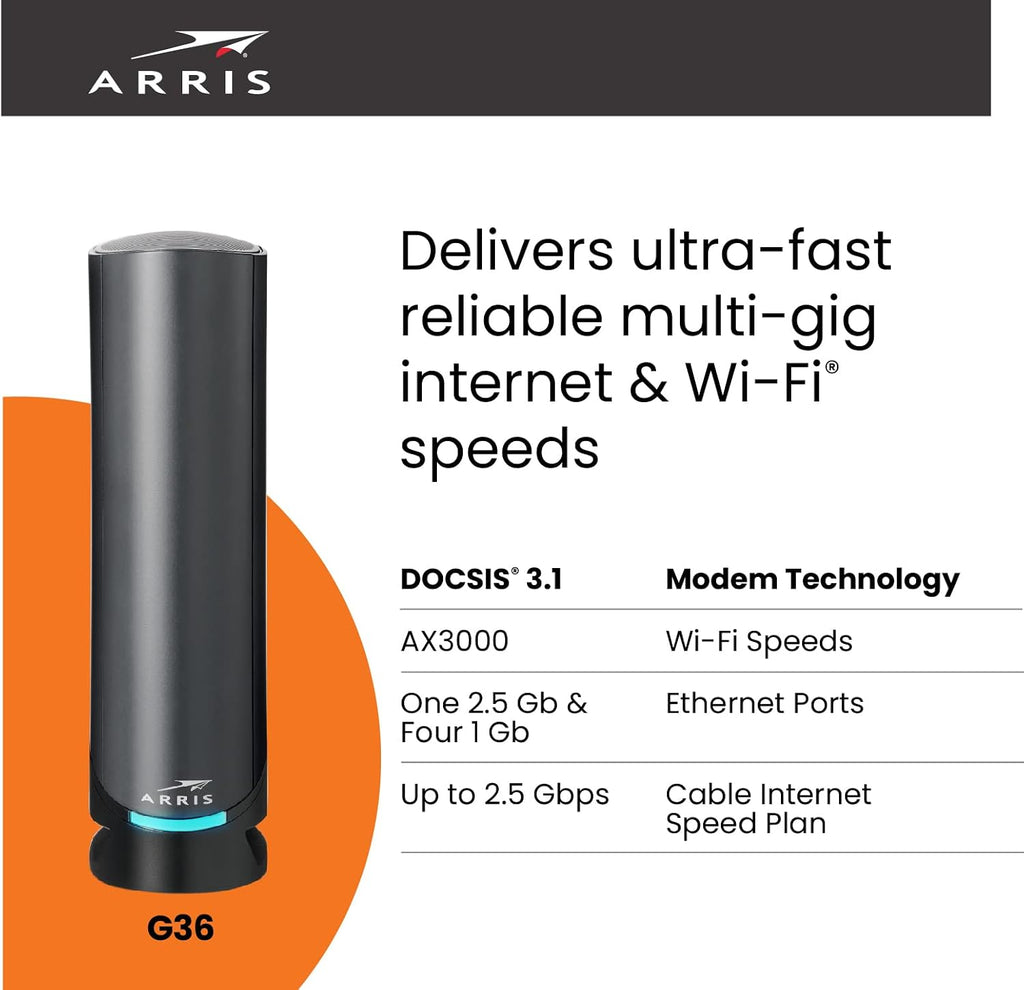 ARRIS (G36) - Cable Modem Router Combo - Fast DOCSIS 3.1 Gigabit WiFi 6 (AX3000), 1.2 Gbps Max Speeds, Approved for Comcast Xfinity, Cox, Spectrum & More [Check with your provider for compatibility]