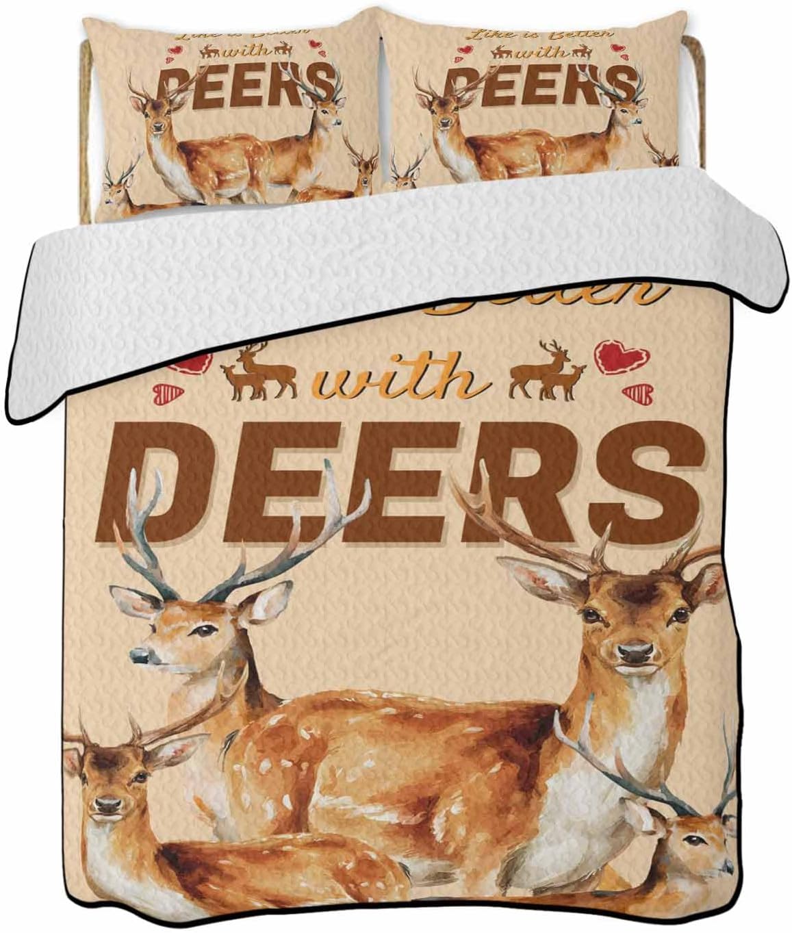 Quilt King Size Bedding Set, Farmhouse Deer Lightweight Summer Quilt 3 Pieces Bedding Sets, Wildlife Elk Animals Rustic Orange Reversible Soft Bedspreads Coverlets with 2 Pillow Shams for All Season