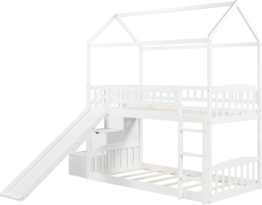 KLMM Twin Over Twin Bunk Bed for Kids Toddlers, House Bunk Bed Farm with Storage Steps and Slide Ladder Roof Guardrail for Girls/Boys, No Spring Box Required (White-Wood)
