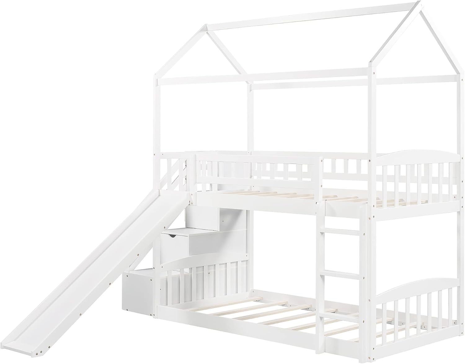 KLMM Twin Over Twin Bunk Bed for Kids Toddlers, House Bunk Bed Farm with Storage Steps and Slide Ladder Roof Guardrail for Girls/Boys, No Spring Box Required (White-Wood)