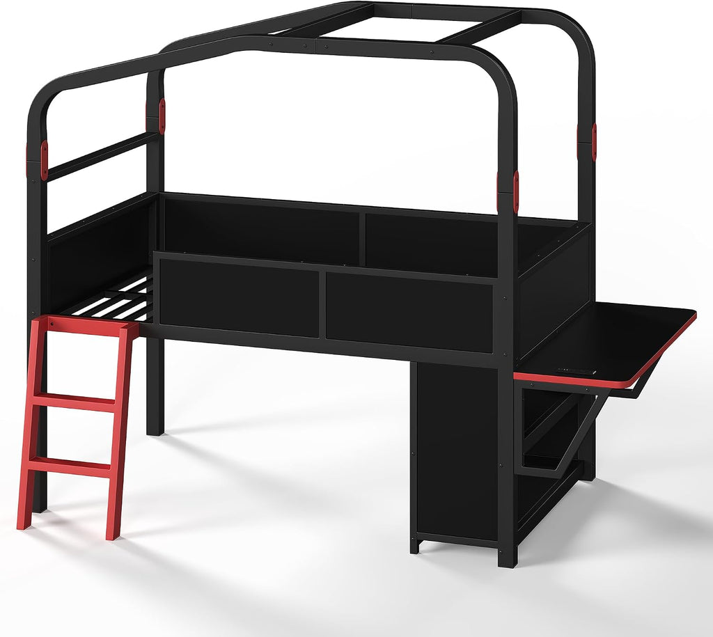 JIVOIT Twin Size Metal Loft Bed with Built-in Side Desk, Gaming Style Metal Low Loft Bed with Storage Cabinets, Chic Canopy Design, Easy Assembly