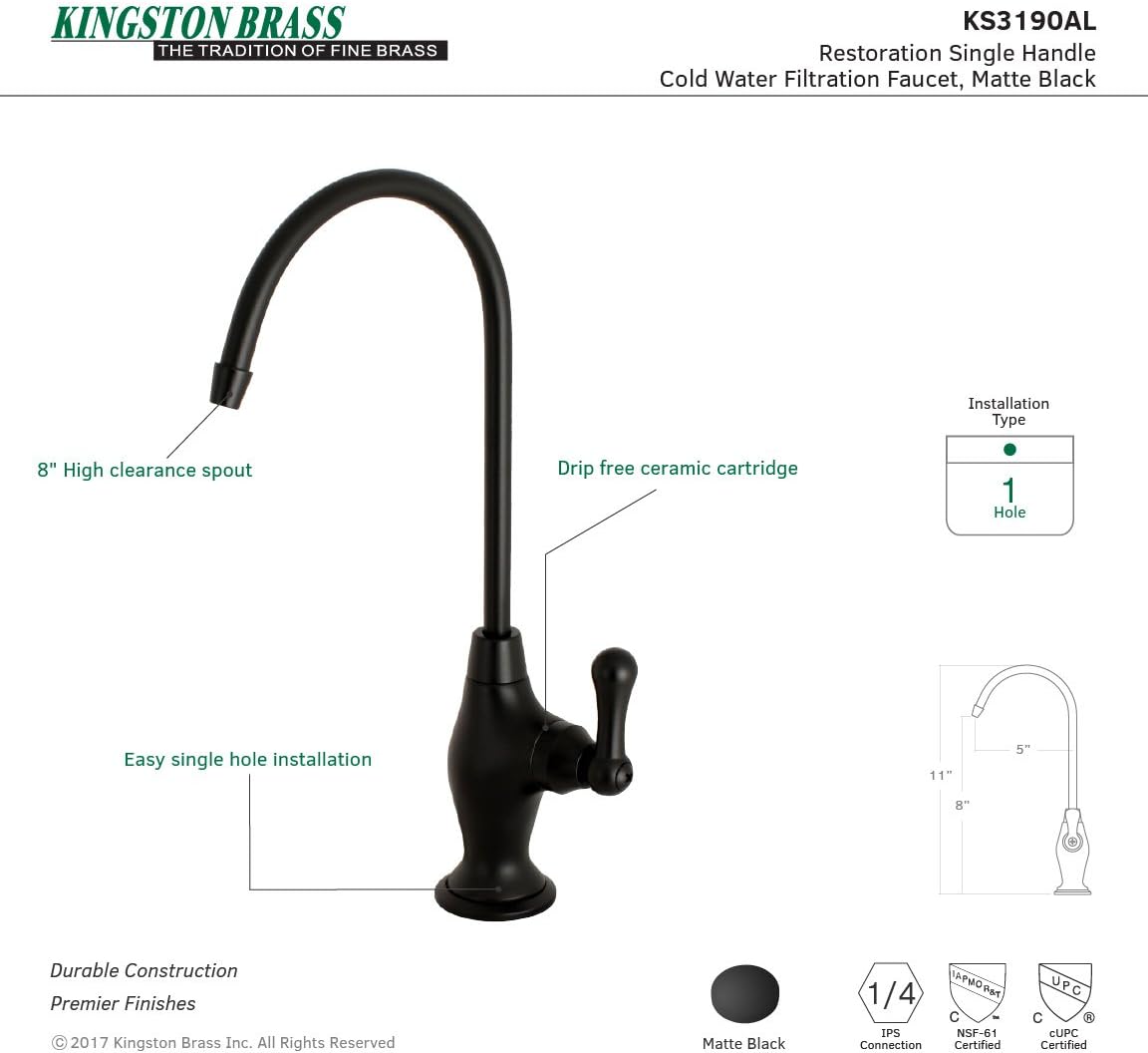 Kingston Brass KS3190AL Ks3190Al Restoration 1/4 Turn Water Filtration Faucet, 4-5/8' In Spout Reach, Matte Black