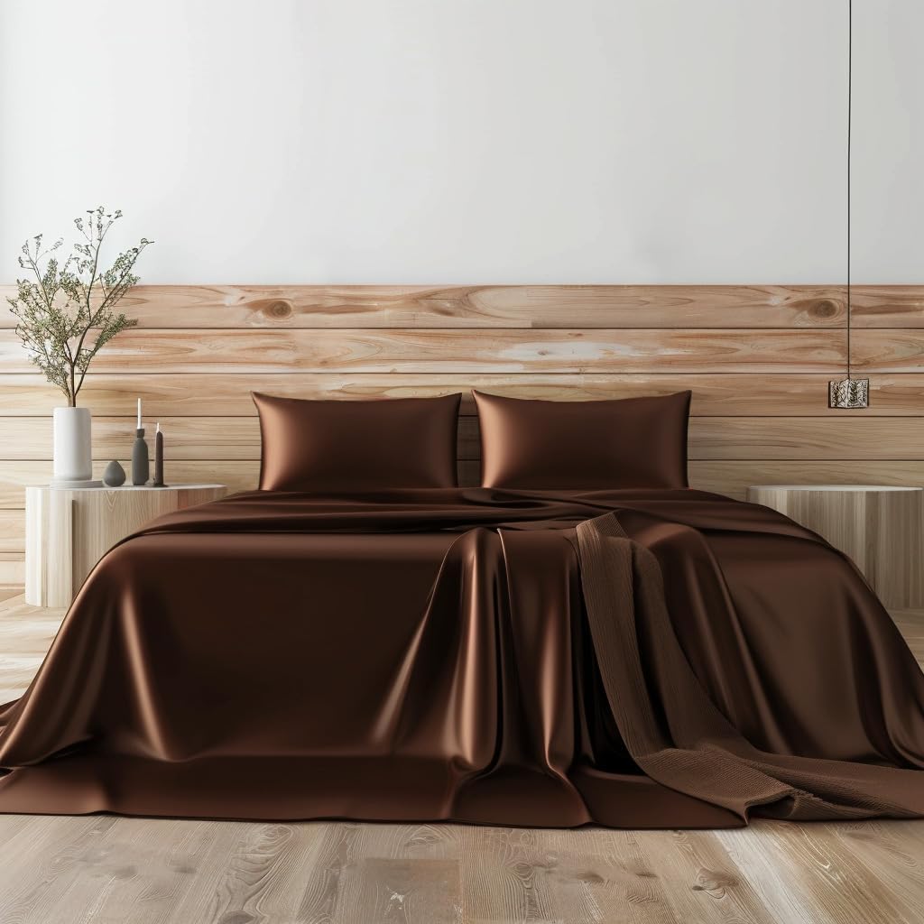 Twin XL Size 4-Piece Sheet Set Premium Mulberry Silk Bed Sheets Set Fits 14-16' Deep Pocket - Luxurious Soft Silk (Solid, Chocolate)