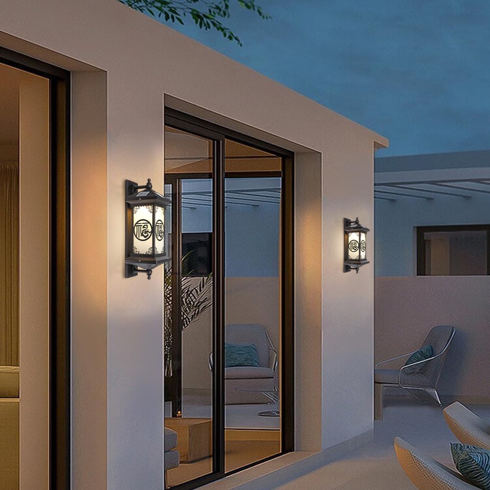 Outdoor Solar Wall Light Vintage Lantern Wall Sconce Cordless Solar Powered Wall Mounted Lamp Exterior Porch Lights Patio Fence Outside Sconces Wall Lighting Fixture