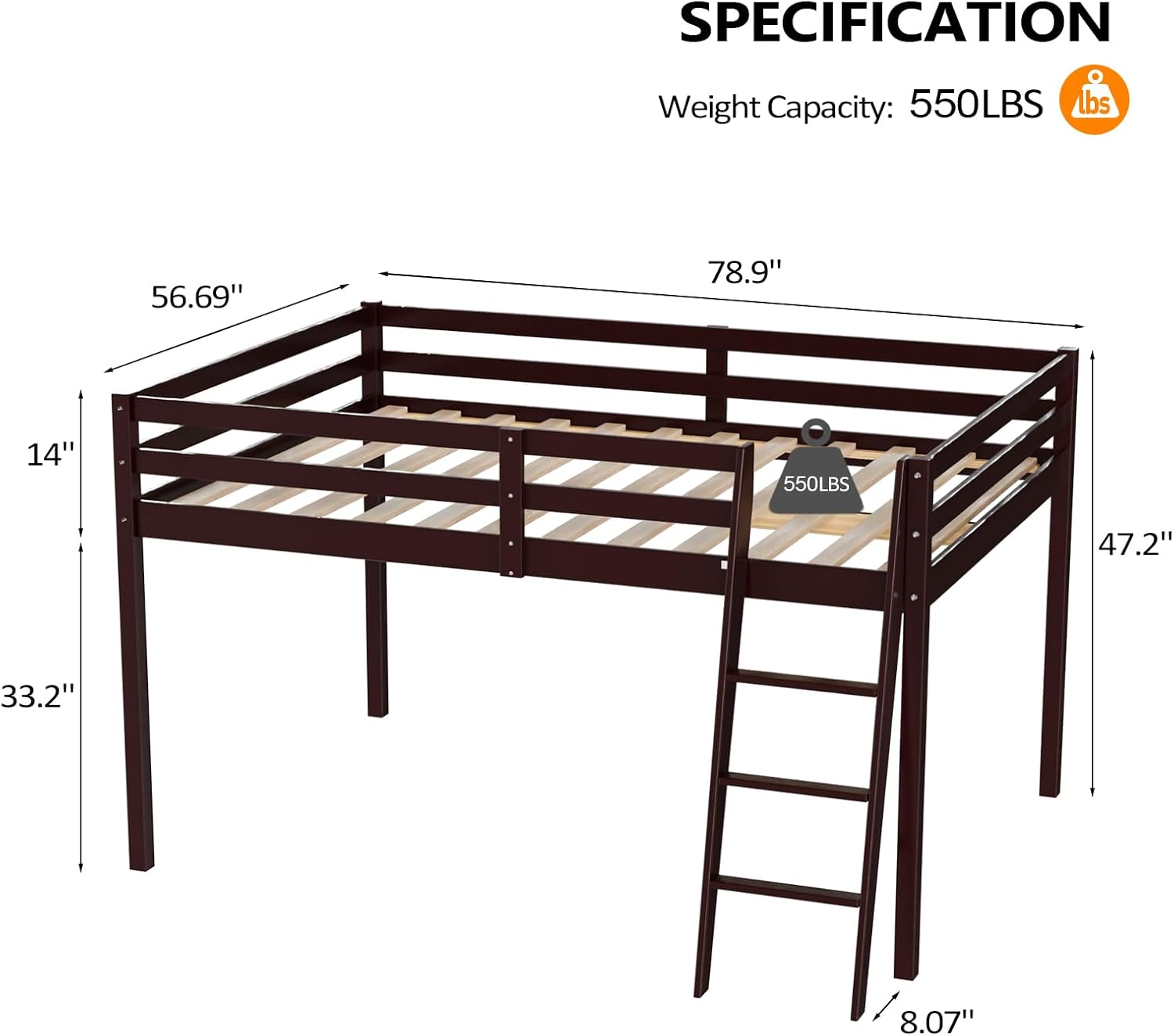 VINGLI Junior Low Loft Bed with Inclined Stairs, Wood Loft Bed Full Size for Adults, Kids and Young Teens, No Box Spring Required,Wood Slat Support, Espresso