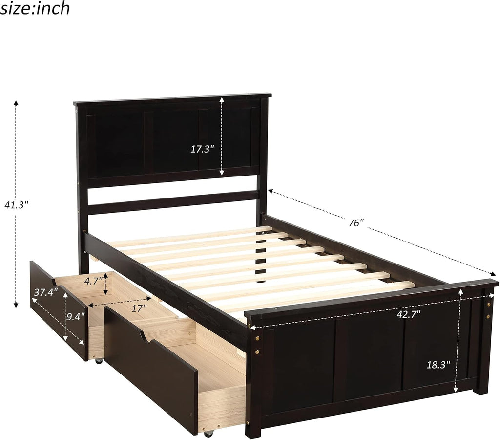 Twin Platform Bed with 2 Drawers and Headboard, Solid Wooden Twin Size Bed Frame with Storage and Wood Slats, Twin Size Platform Bed for Kids,Teens,Adults (Espresso)