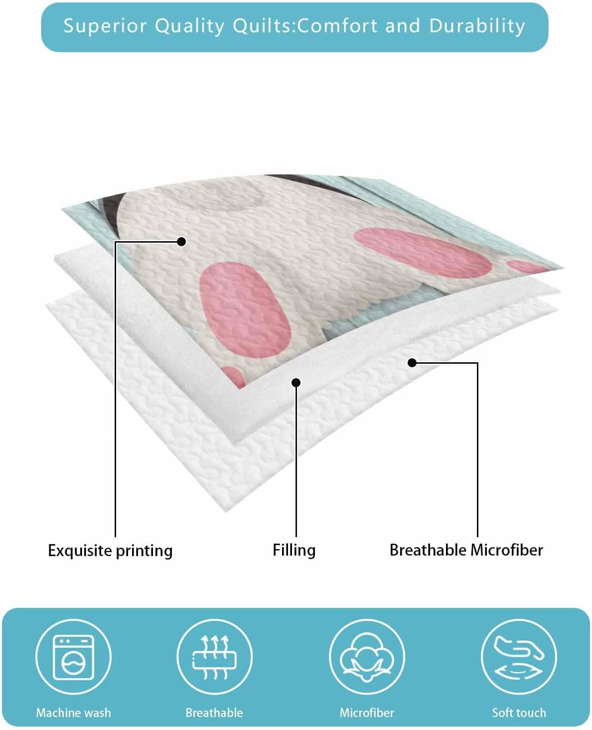 Quilt King Size Bedding Set, Easter Lightweight Summer Quilt 3 Pieces Bedding Sets, Spring Rabbit Feet Eggs Flower Green Wooden Grain Reversible Soft Bedspreads Coverlets with 2 Pillow Shams