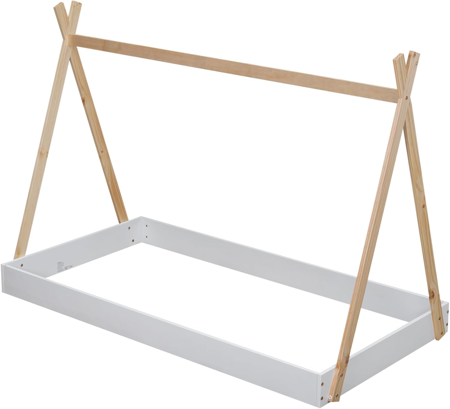 Twin Size Tent Floor Bed with Triangle Structure, Wood Floor Bed Frame, Twin Size Montessori Bed Playhouse House Platform Bed with X-Shaped Safety Railings for Kids Boys Girls (White+Natural & Twin)