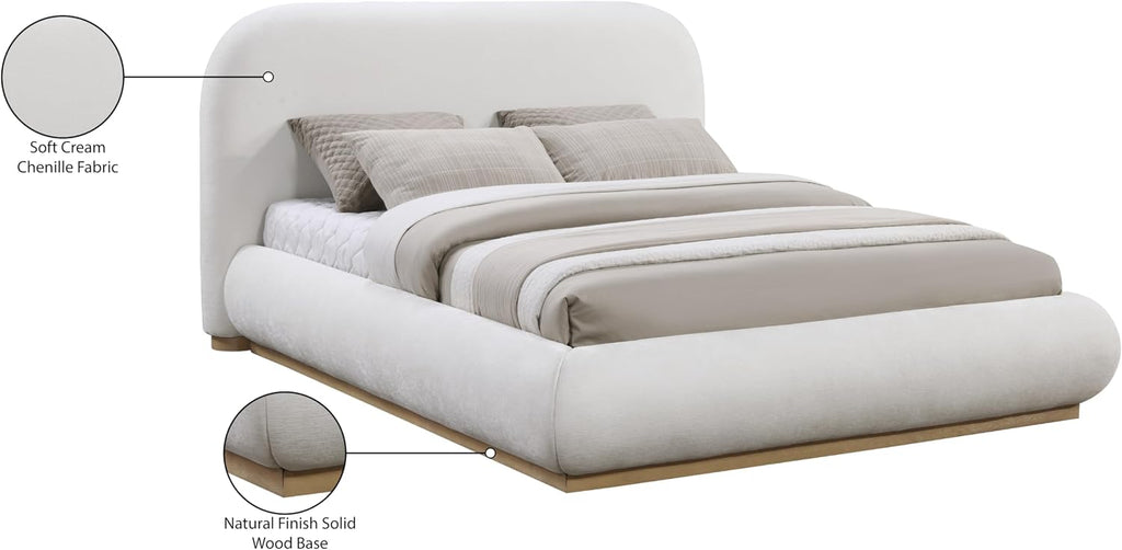 Meridian Furniture B1211Cream-Q Vaughn Collection Modern | Contemporary Queen Bed with Soft Cream Chenille Fabric, Natural Finish Solid Wood Base, 74' W x 93' D x 44.5' H, Cream, Queen