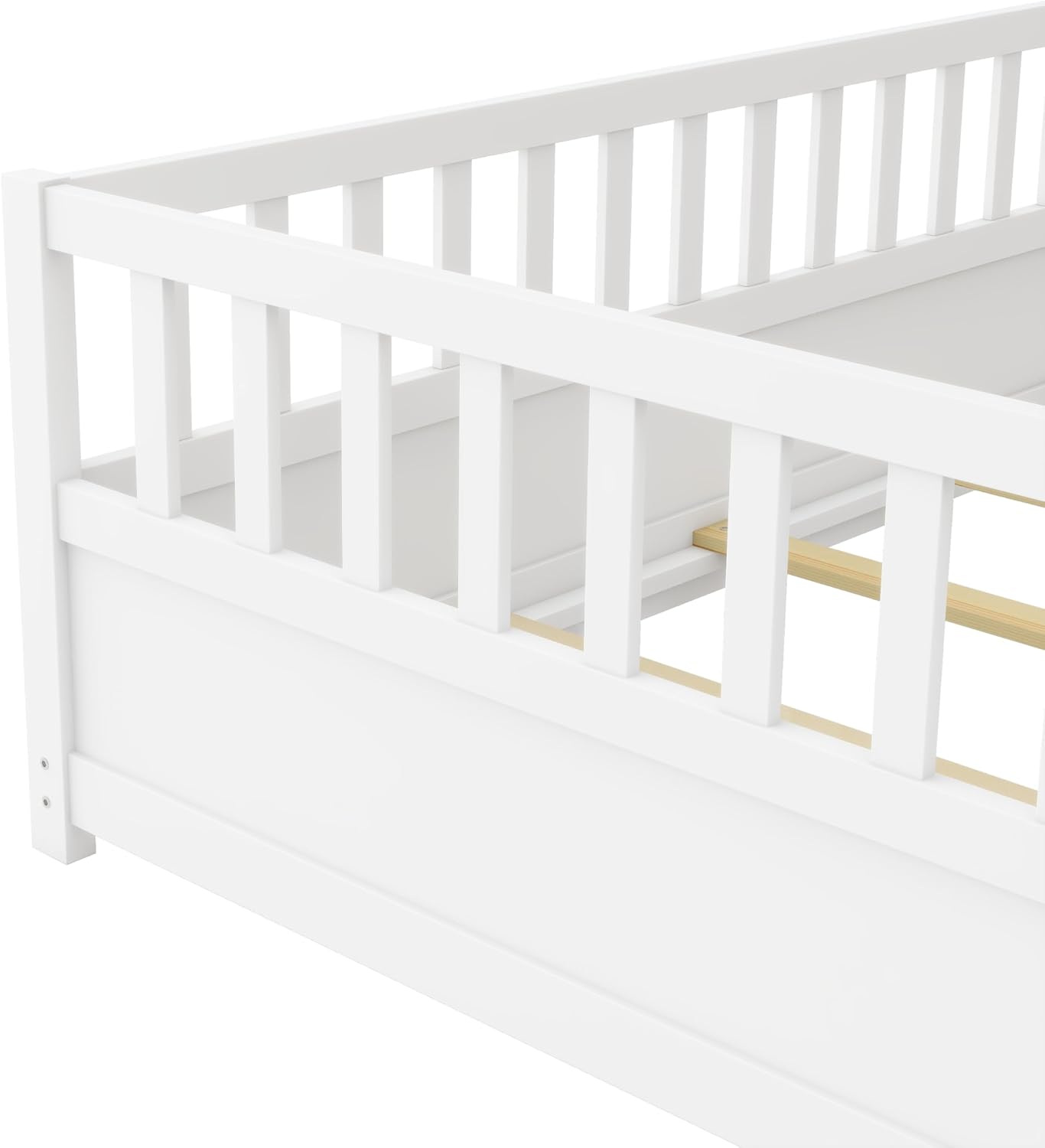 Twin Floor Bed with Slats and High Fence, Twin Size Montessori Floor Beds with Door, No Box Spring Needed, Easy Assemble Montessori Bed Frame(White Twin)