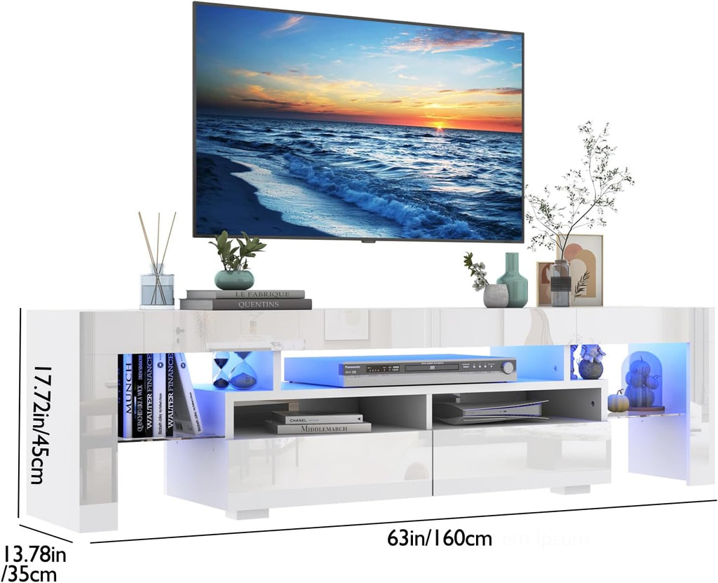 Vinctik 6&Fox LED TV White Stand for 55/60/65inch TV,Modern Entertainment Center with 2 Storage Drawers and LED Light, High Glossy TV Console,TV Table Media Furniture (63inch, White 1)