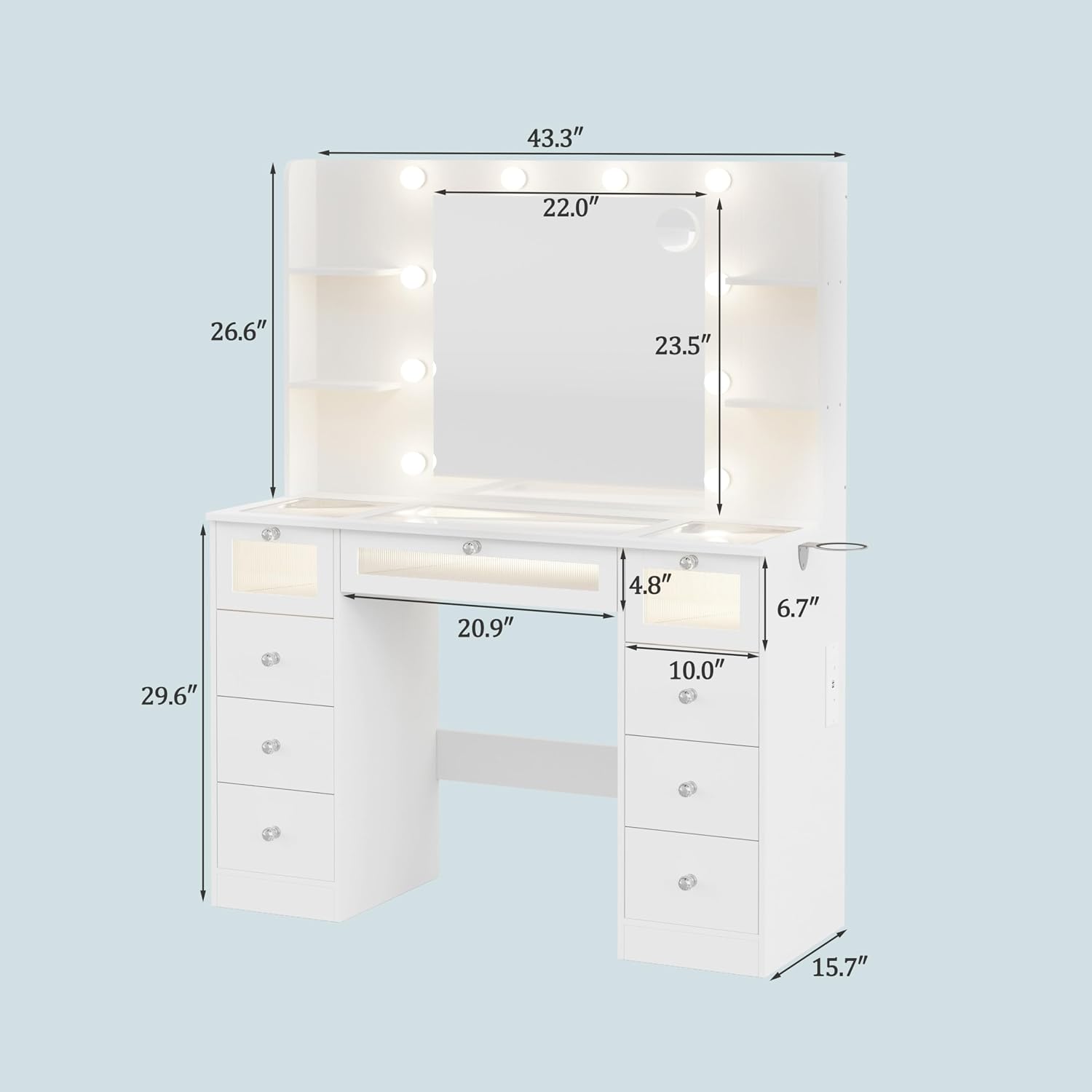 White Vanity with Lighted 23.5' Mirror, Glass Top Vanity Desk with 9 Drawers & 3 Color Hollywood Bulbs & 4 Shelves & Acrylic & Power Outlet, Makeup Desk Dressing Table for Bedroom