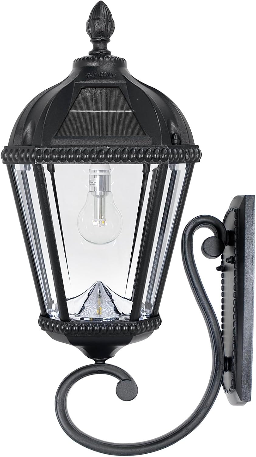 Gama Sonic Solar Outdoor Wall Light, Royal Bulb Exterior Sconce Lamp, Black Cast Aluminum, Clear Beveled Glass, Warm White LED with Omni-Direction Reflector, Large 21-Inch Height, 98B010 (Upgraded)