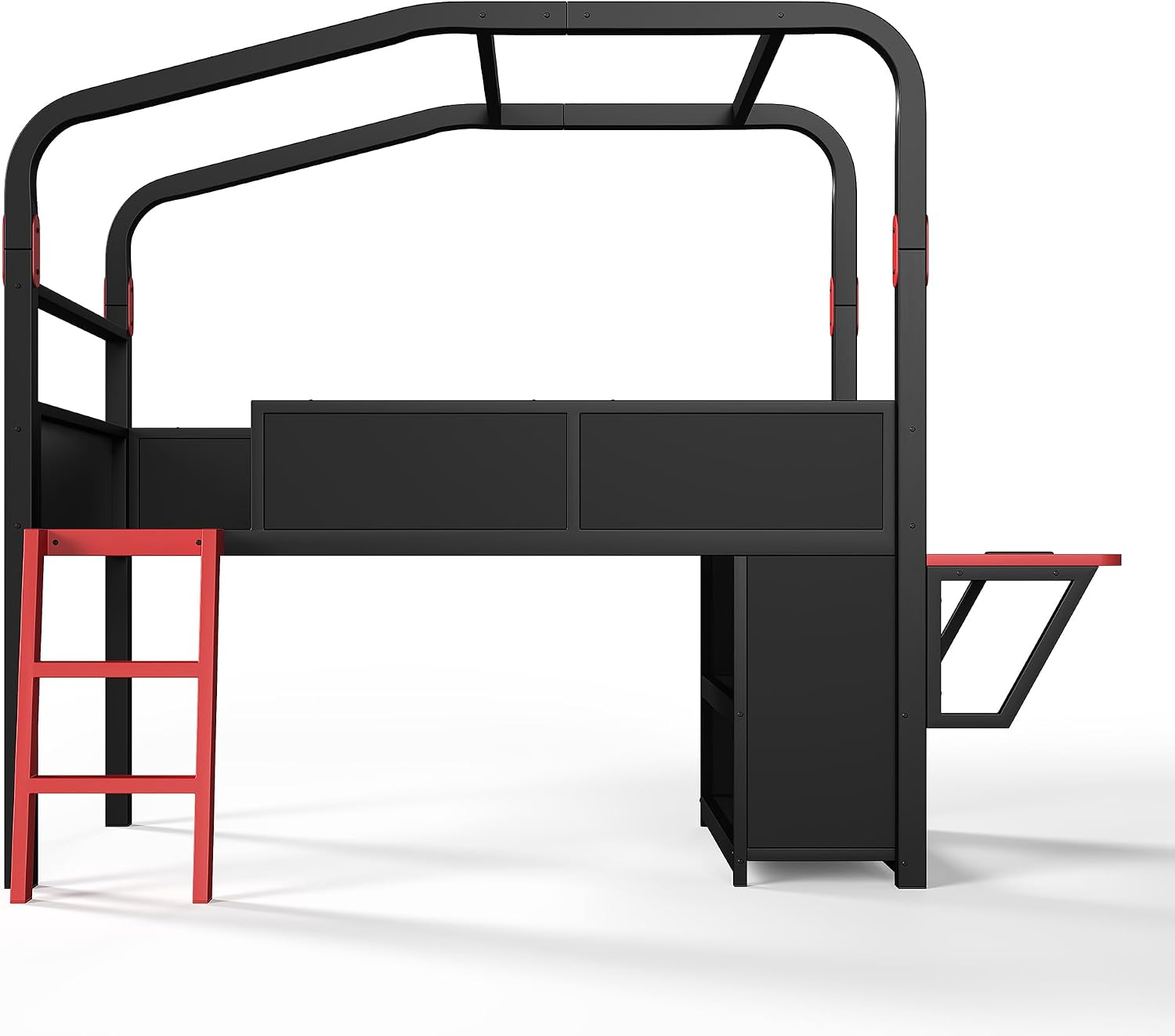 JIVOIT Twin Size Metal Loft Bed with Built-in Side Desk, Gaming Style Metal Low Loft Bed with Storage Cabinets, Chic Canopy Design, Easy Assembly