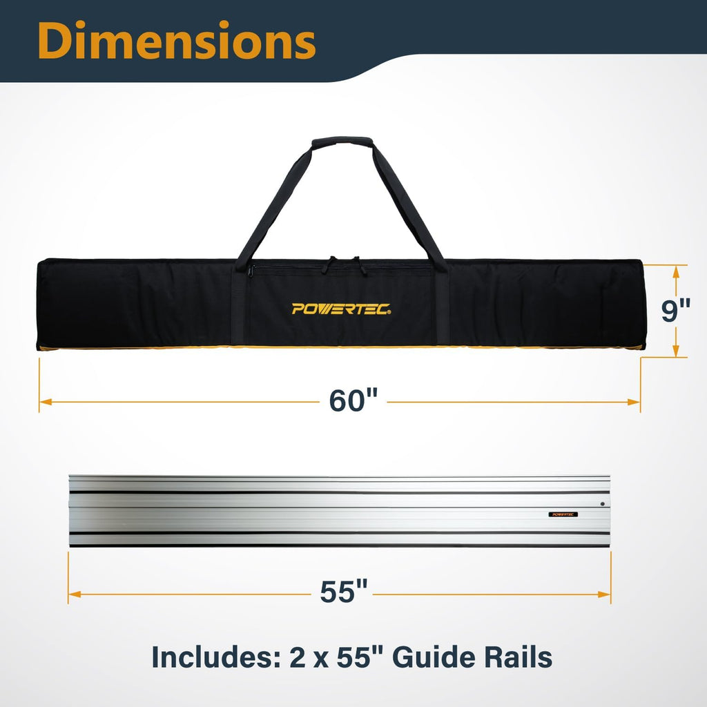 POWERTEC 110' Track Saw Guide Rail Joining Set for Kreg Track Saws, Include 2x55' Extruded Aluminum Guide Rail, 2 Rail Extension Connectors and Protective Carrying Bag (71992)