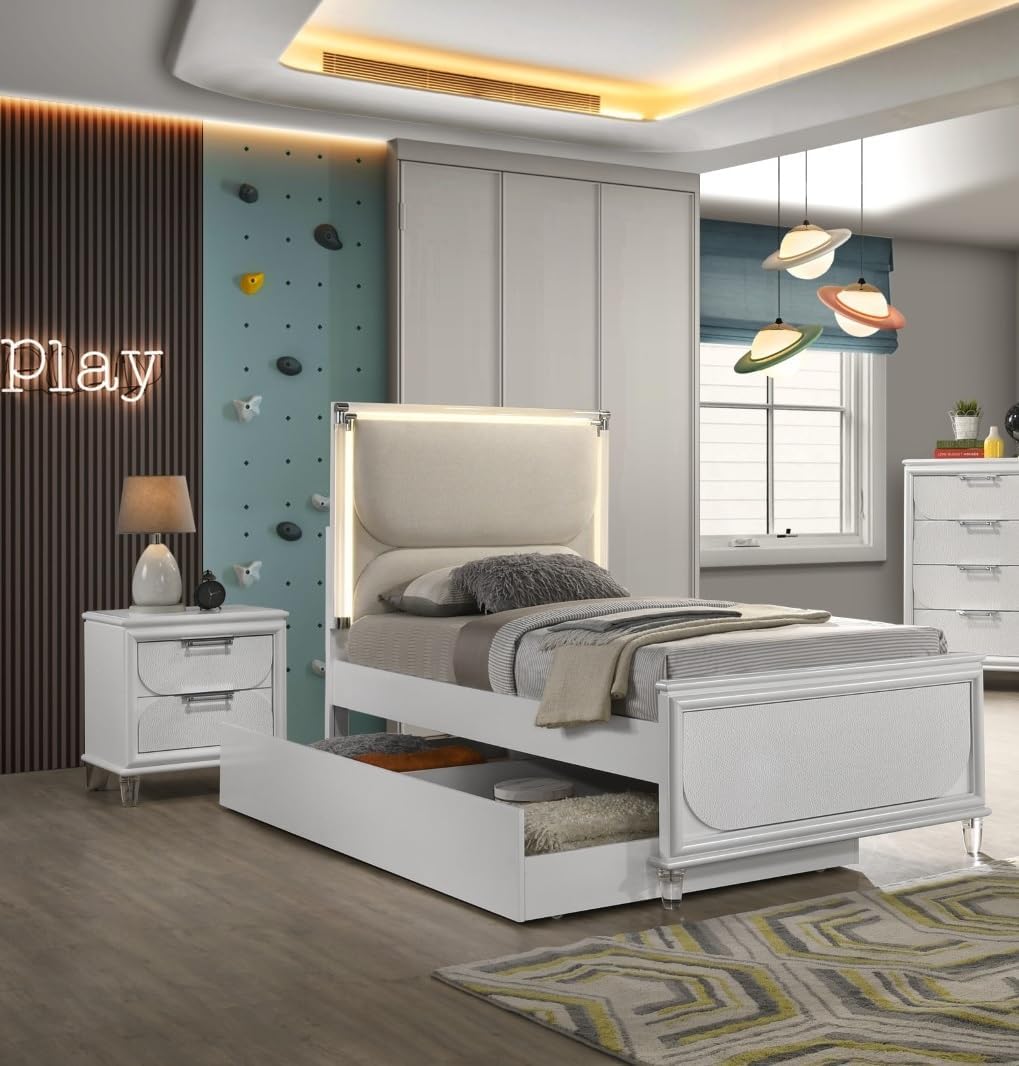 Pearl White Twin Size Bed W Trundle 2X Nightstands Embossed Panel 3pc Bedframe Bedroom Furniture