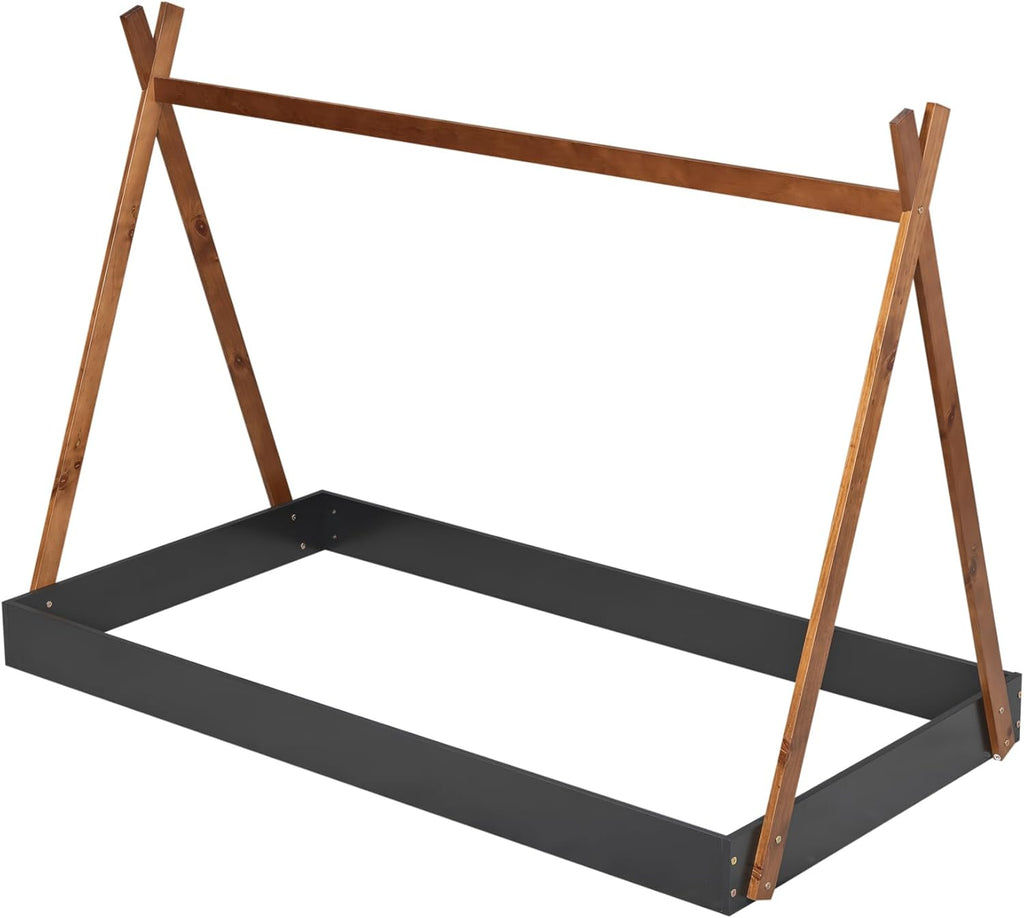 Twin Size Tent Floor Bed with Triangle Structure, Wood Floor Bed Frame, Twin Size Montessori Bed Playhouse House Platform Bed with X-Shaped Safety Railings for Kids Boys Girls (Black+Brown & Twin)