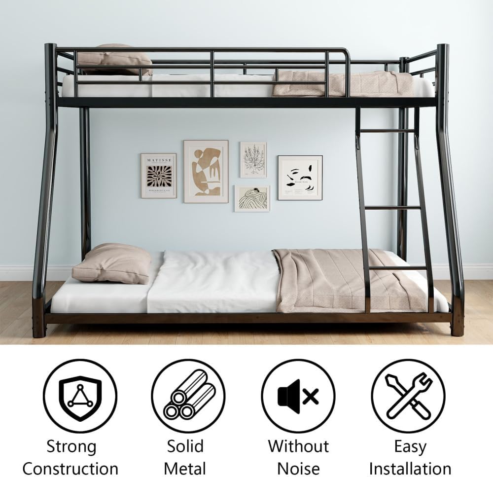 Twin Over Full Metal Bunk Bed, with Ladder & Full-Length Guardrail for Teens Adults, Noise Free (Black + Metal + Twin)