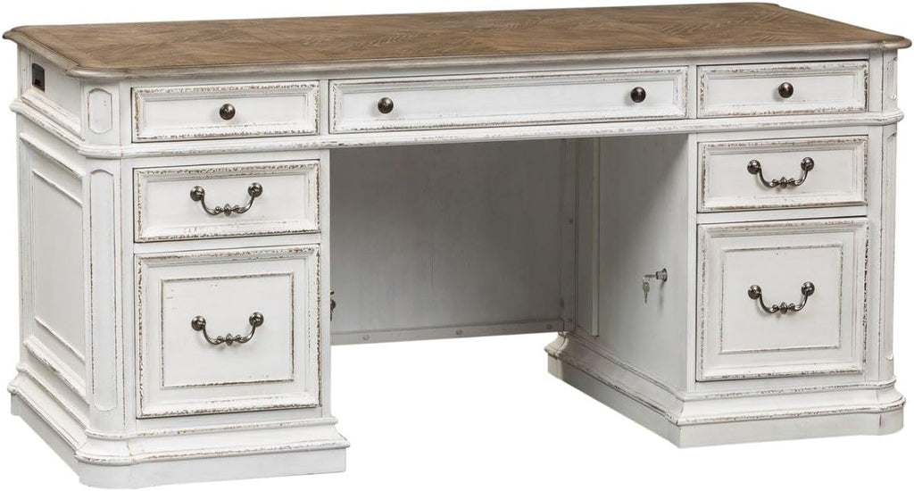 Liberty Furniture Magnolia Manor Credenza Desk & Hutch for Home Office - Antique White & Weathered Bark