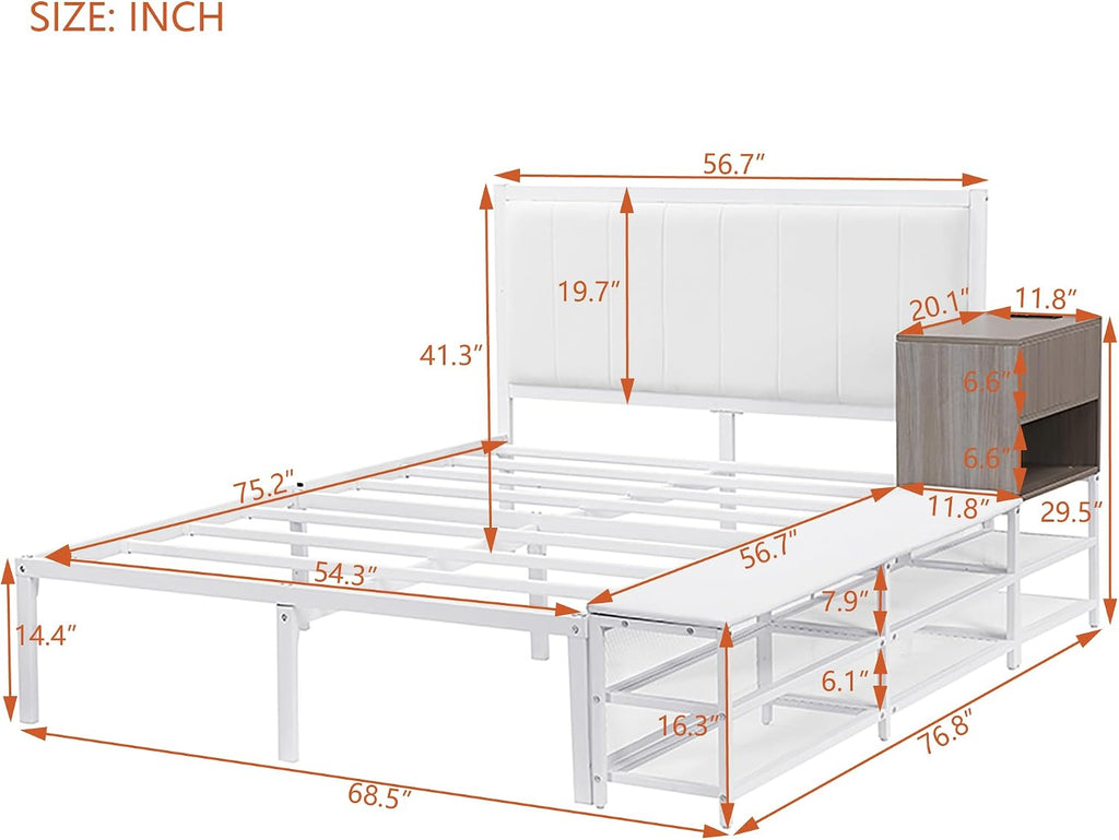 JIVOIT Full Size Bed Frame, Metal Platform Bed with Two-Tier Storage Shelves, Wooden Storage Cabinet, Upholstered Headboard, Cushioned Footrest at Bed's End, No Box Spring Needed (White/Full,223)