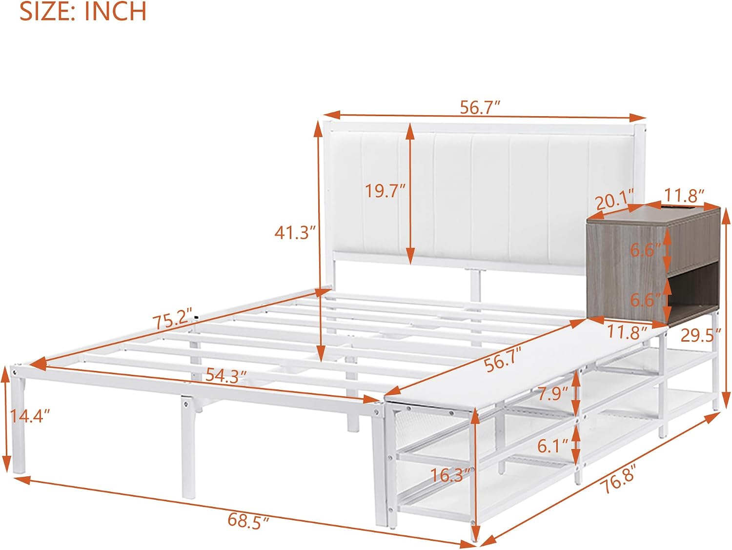 JIVOIT Full Size Bed Frame, Metal Platform Bed with Two-Tier Storage Shelves, Wooden Storage Cabinet, Upholstered Headboard, Cushioned Footrest at Bed's End, No Box Spring Needed (White/Full,223)