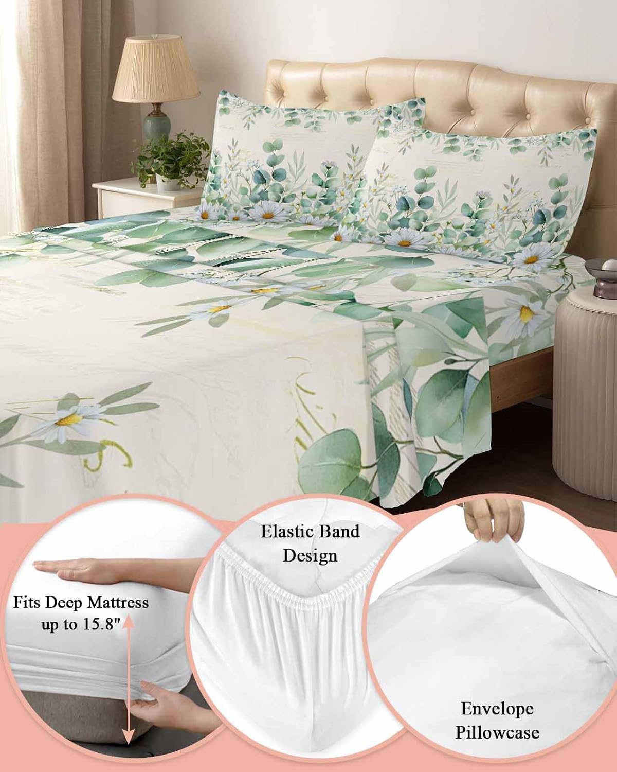 Green Eucalyptus Leaves Cal King Sheet Set 4 Piece Bedding - Daisy Summer Botanical Farmhouse Breathable Comfy Cooling Bed Sheets & Pillowcase Sets, Hotel Luxury Flat Sheets Deep Pockets Fitted Sheet