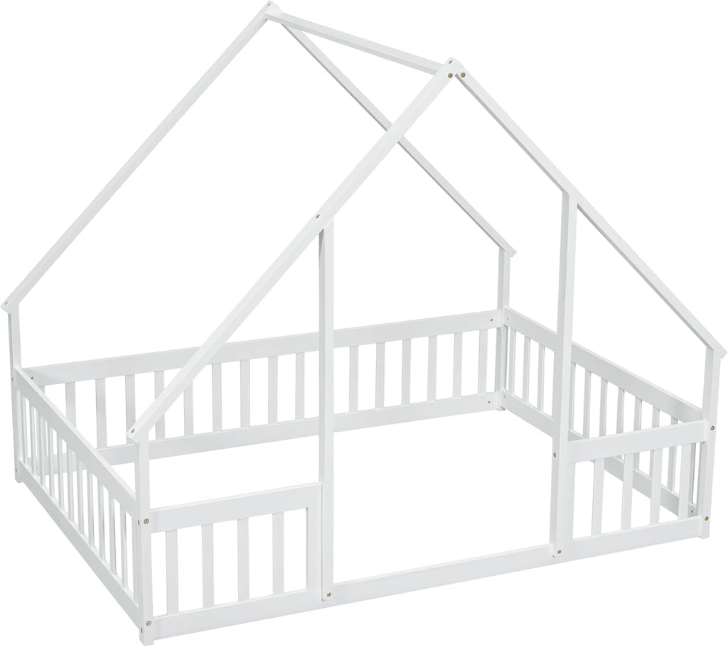 JIVOIT House Bed Full Size Floor Bed, Full Wood House-Shaped Floor Bed with Fence and Guardrails, Wood House Roof Frame, Montessori Floor Bed Frame (White-Full,129)