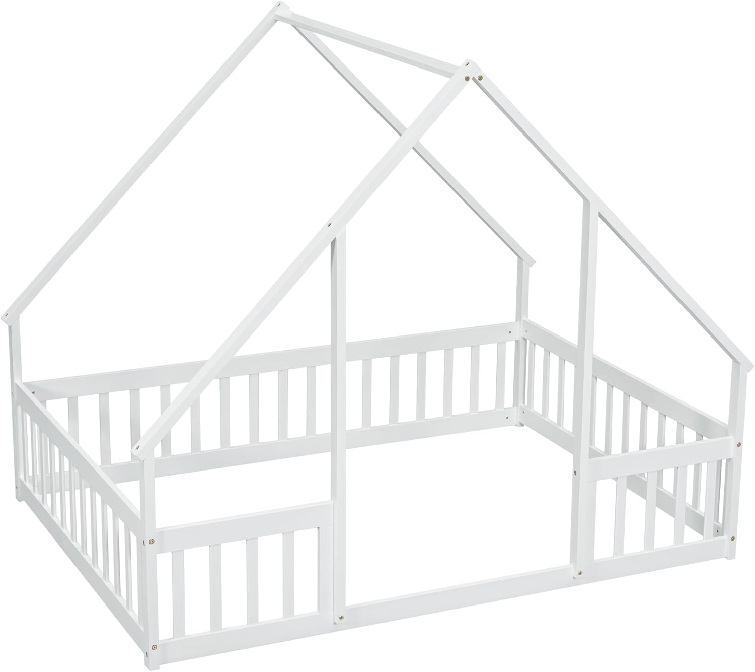 JIVOIT House Bed Full Size Floor Bed, Full Wood House-Shaped Floor Bed with Fence and Guardrails, Wood House Roof Frame, Montessori Floor Bed Frame (White-Full,129)