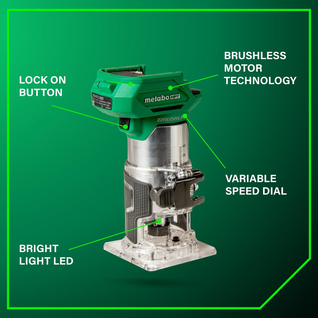 Metabo HPT 18V Cordless Trim Router, Variable Speed 10,000-30,000 RPM, Lightweight Router Design, 1/4-Inch and 3/8-Inch Collets, LED Work Light, Soft Start & Quick Brake, Tool Body Only, M1808DAQ4