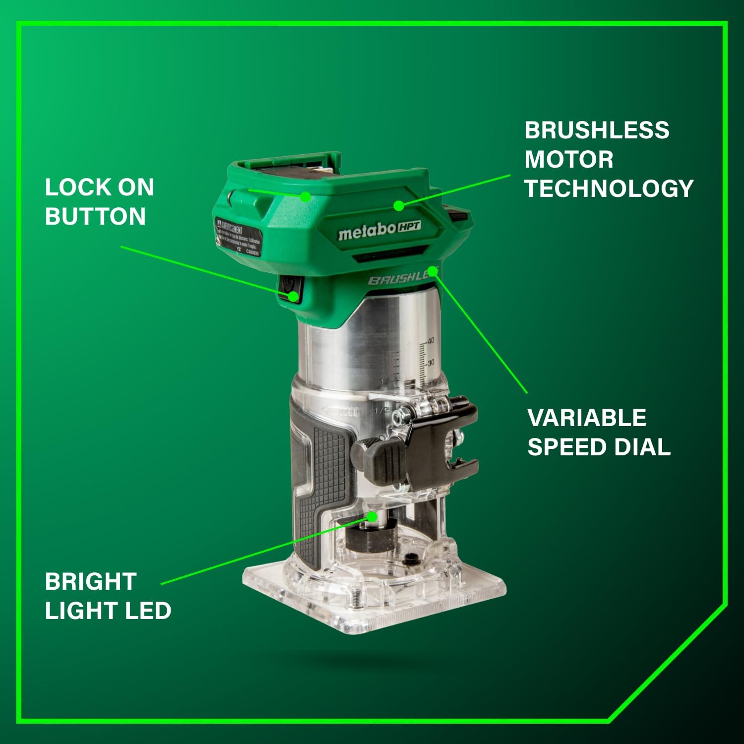 Metabo HPT 18V Cordless Trim Router, Variable Speed 10,000-30,000 RPM, Lightweight Router Design, 1/4-Inch and 3/8-Inch Collets, LED Work Light, Soft Start & Quick Brake, Tool Body Only, M1808DAQ4