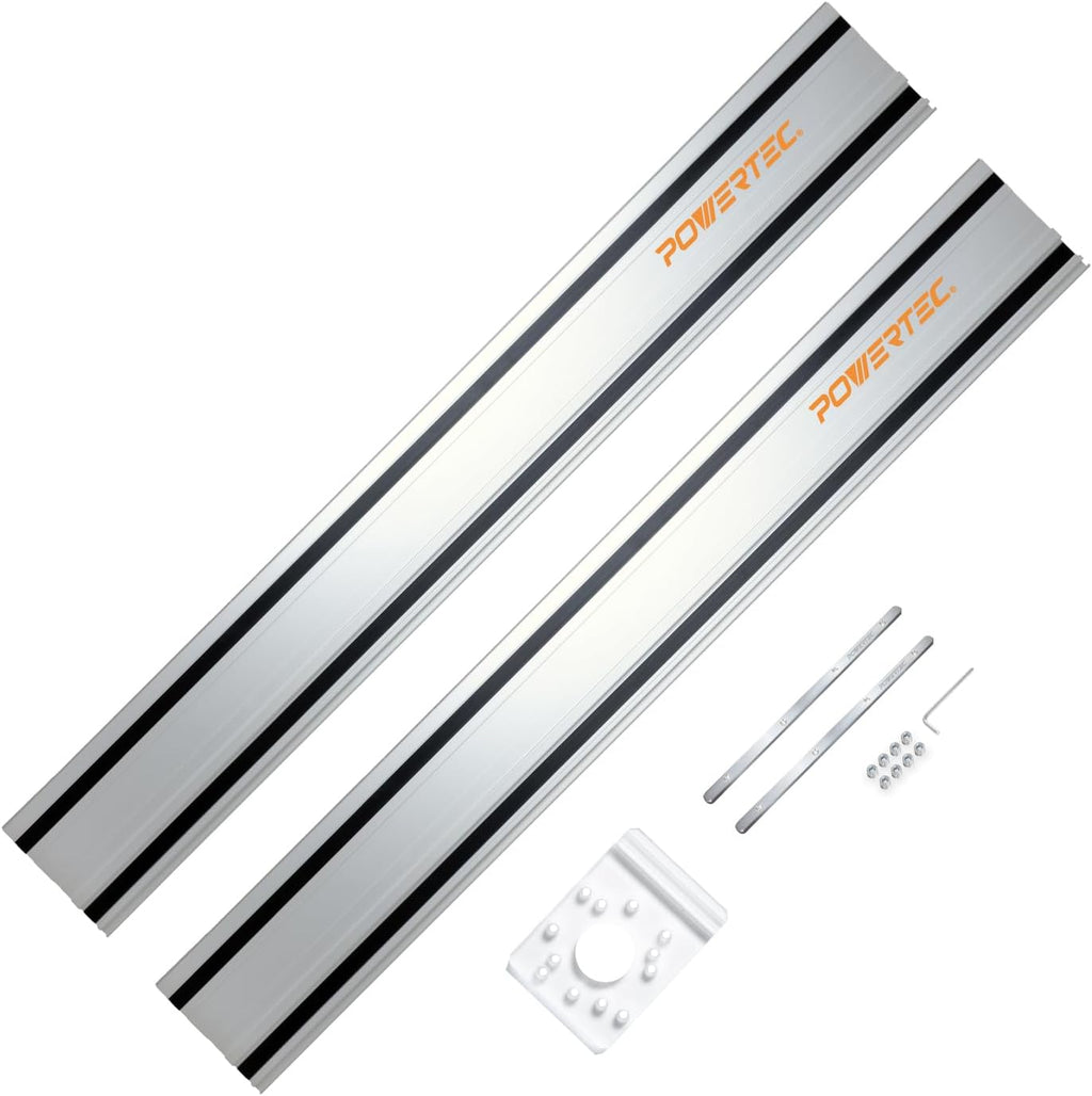 POWERTEC 72210 110' Track Saw Guide Rail Joining Set for Milwaukee Track Saws Includes 2x55 Guide Rails with Connectors, and Guide Rail Adapter for Fixed Base DeWalt, Makita & Milwaukee Trim Routers