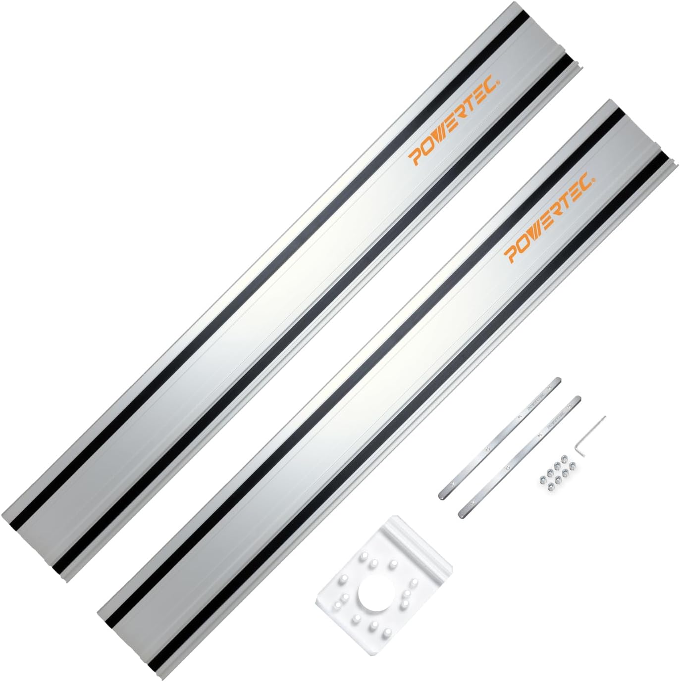 POWERTEC 72210 110' Track Saw Guide Rail Joining Set for Milwaukee Track Saws Includes 2x55 Guide Rails with Connectors, and Guide Rail Adapter for Fixed Base DeWalt, Makita & Milwaukee Trim Routers
