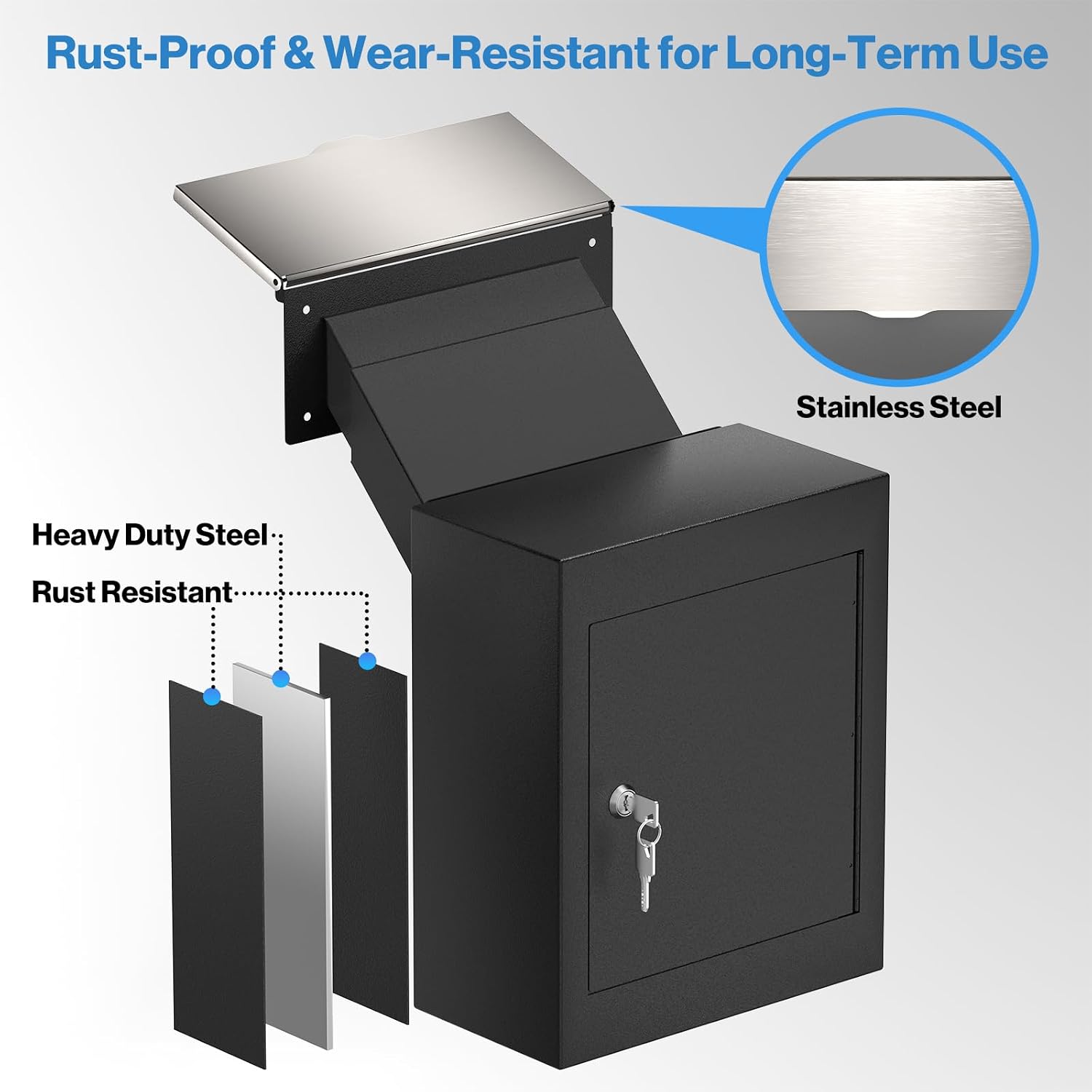 Through-The-Wall Drop Box with Rainproof Cover | Heavy Duty Through Wall Mailbox with 10-Inch Adjustable Chute | Rainproof Locking Drop Safe for Mail, Rent, Checks, Cash, and Keys