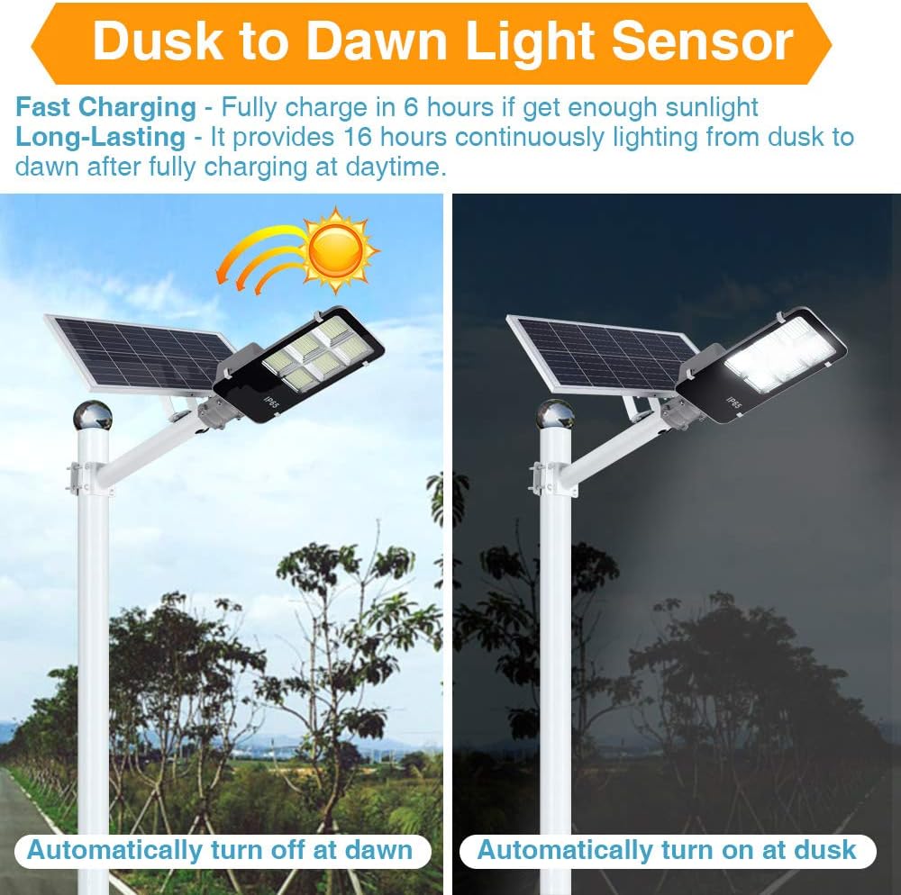 6000W LED Solar Street Lights Outdoor, Dusk to Dawn Security Flood Light with Remote Control & Pole, Wireless, Waterproof, Perfect for Yard, Parking lot, Street, Garden and Garage