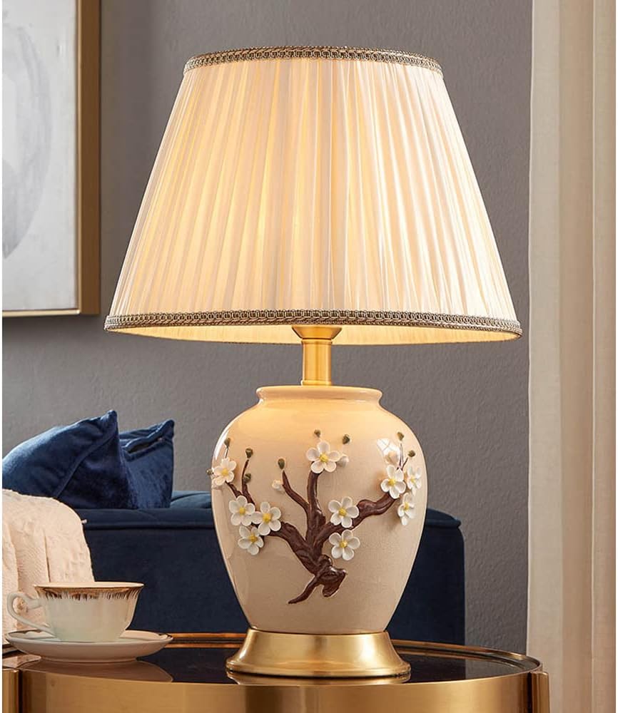 Chinoiserie Ceramic Table Lamp with Brass Base Bedside Desk Nightstand Lamp with Handmade Flower Reading Lamp for Bedroom Living Room Office College Bookcase (56x36cm)