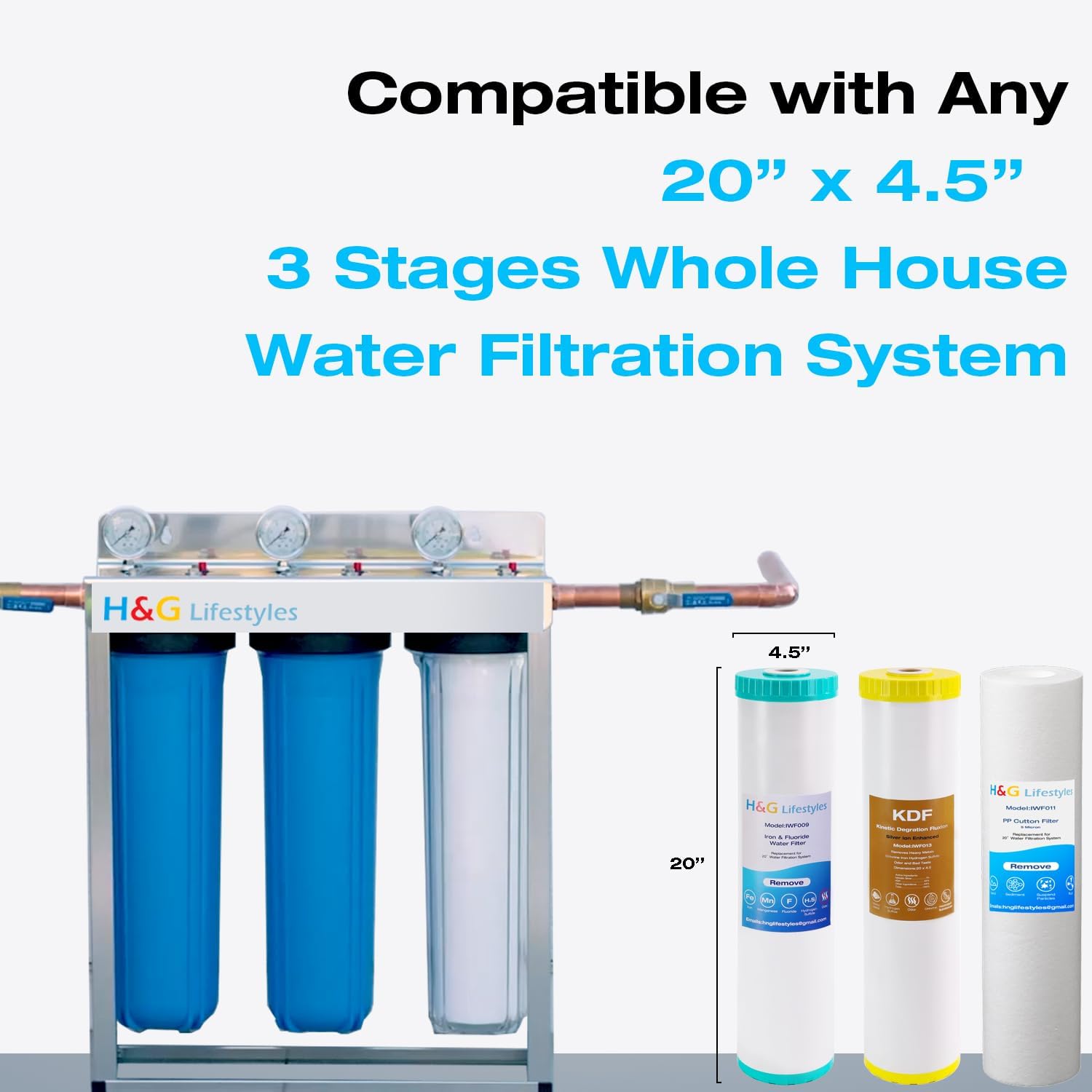 H&G Lifestyles 4.5' x 20' 3 Stage Whole House Water Filter Replacement set with Iron & Manganese Reducing Cartridges, GAC KDF, PP Cutton Cartridges,Compatible with DGD-5005-20, WGB32BM,EP20-BB,FP25B