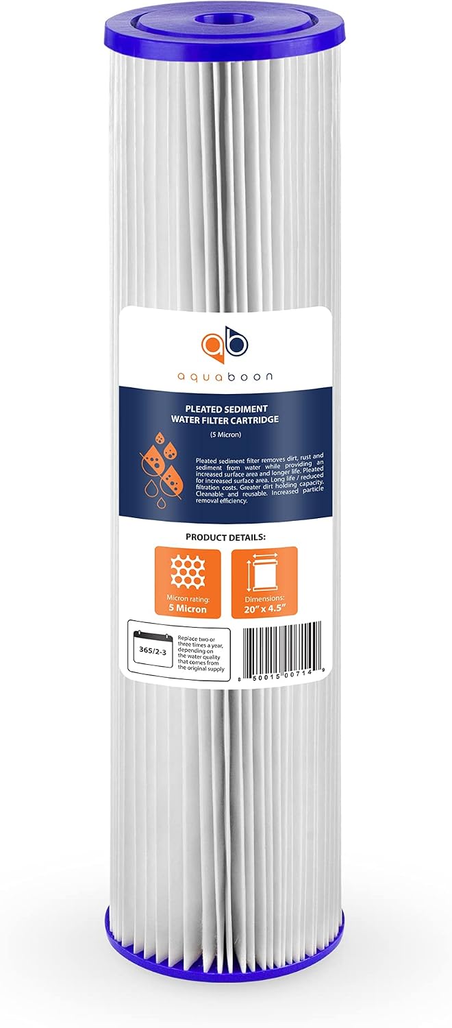 Aquaboon 5 Micron 20 x 4.5 Whole House Pleated Water Sediment Filter Replacement Water Filter Cartridge Compatible with ECP5-20BB, SPC-45-2005, 6-Pack