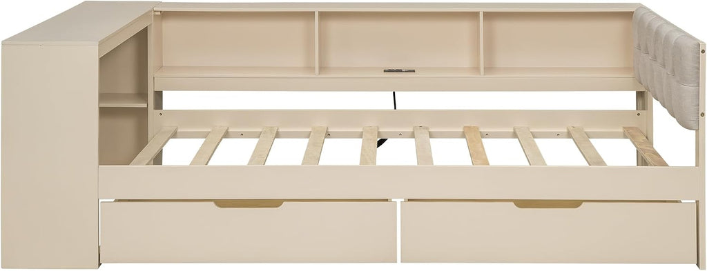 Twin Size Platform Bed with Storage Shelves and Study Desk, Wood Daybed Frame with Upholstered Headboard and 2 Drawers for Office/Living Room/Bedroom, Maximize Space