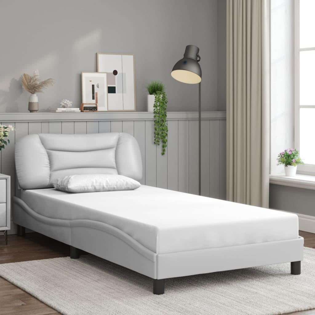 Twin Bed Frame with Headboard White Faux Leather Platform Bed Frame 39.4'x74.8' Modern Bedframe with Waved Side Design for Bedroom Furniture