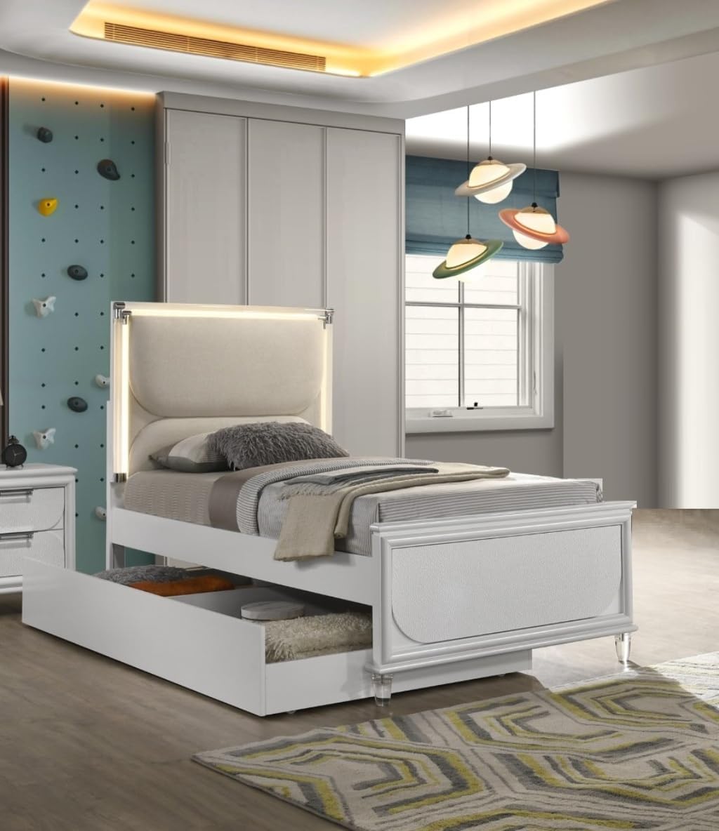 Pearl White Twin Size Bed W Trundle 2X Nightstands Embossed Panel 3pc Bedframe Bedroom Furniture