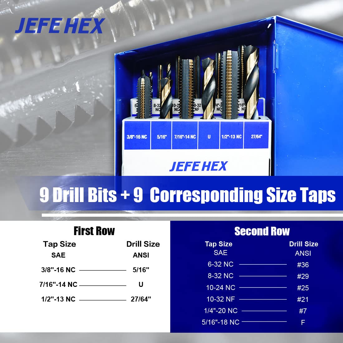 JEFEHEX 18pcs Drill and Tap Set with 1 Piece T-Handle Ratchet Tap Wrench, Tap Range 6-32NC—1/2'-13NC, Black and Gold Premium HSS Jobber Length Drill Bits and Hand Plug Taps with Metal Indexed Box