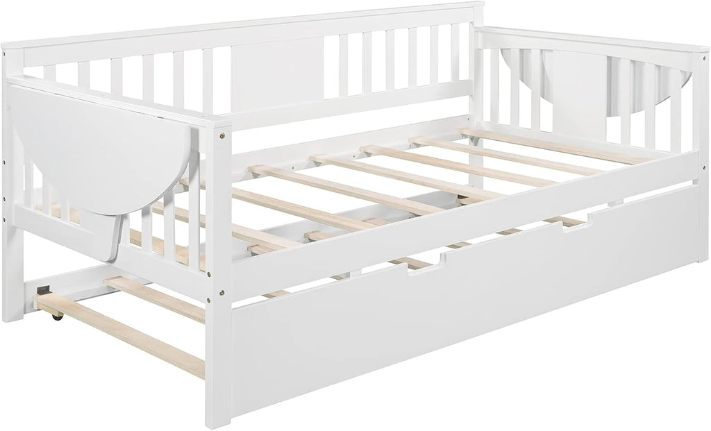 Twin Solid Wood Daybed and Trundle Frame Set with Headboard, Modern Sofa Bed with Tables/Rails for Bedroom Living Room (White+Tables)