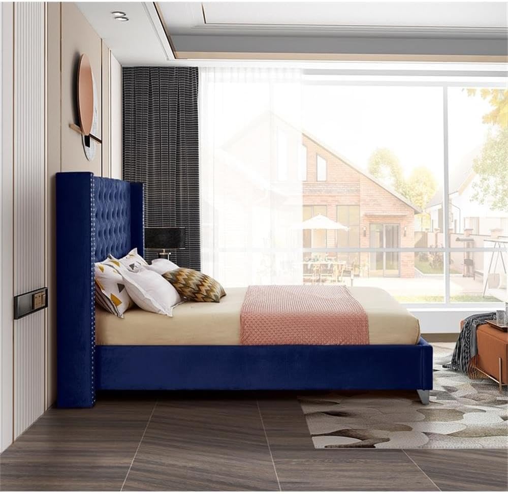 Meridian Furniture Aiden Collection AidenNavy-K Modern | Contemporary Velvet Upholstered Bed with Deep Button Tufting, Solid Wood Frame, and Custom Chrome Legs, King, Navy, 88' W x 86' D x 56' H