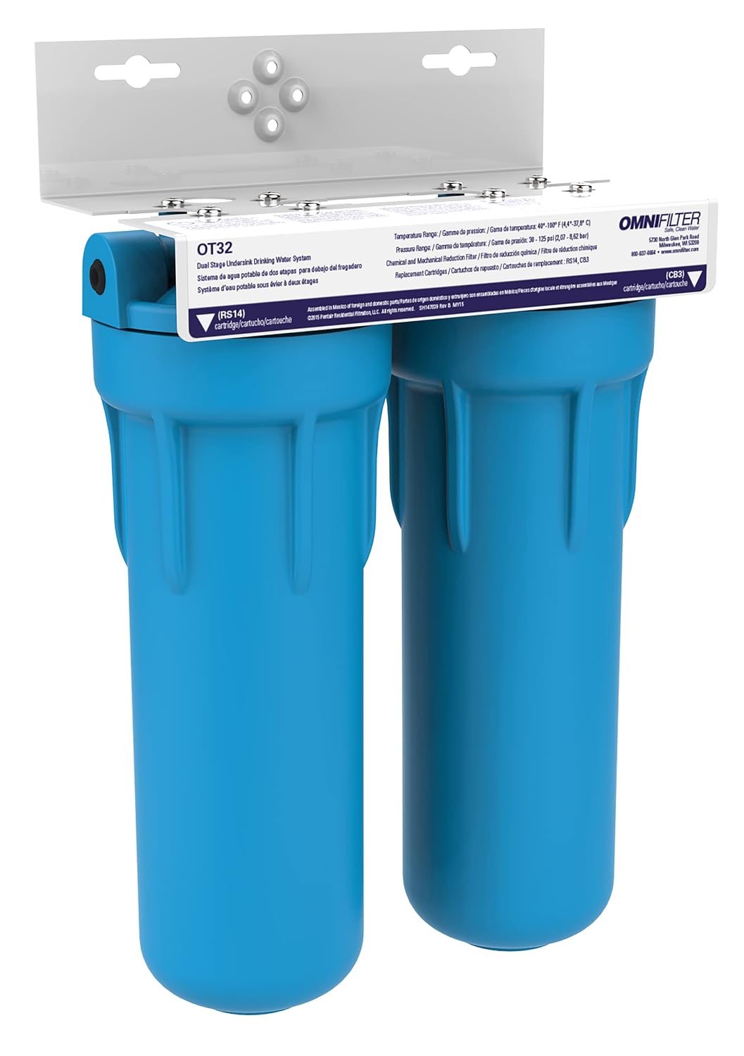 Pentair OMNIFIlter OT32 Water Filtration System, 10' Premium Dual-Stage Undersink Filter System, NSF Certified to Reduce PFOA/PFOS, Includes Dual Housings, RS14 and CB3 Cartridges and All Hardware