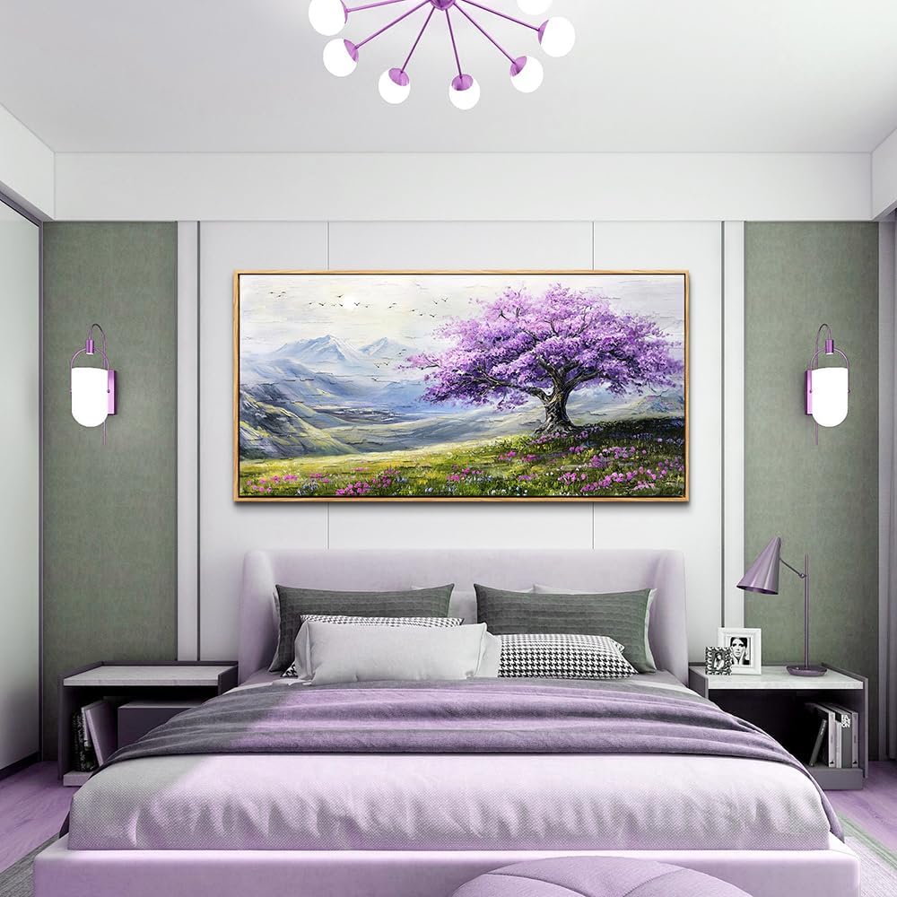 ZUITINGHUA Large Wood Framed Canvas Wall Art For Living Room Wall Decor For Bedroom Office Decorations Purple Tree Wall Paintings Abstract Scenery Pictures Artwork Aesthetic Family Mural 30x60 In