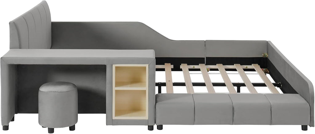 Upholstered Grounded Bed, Full Size Mother & Child Bed with Bedside Desk and Little Round Stool, Velvet Fabric, No Box Spring Needed (Gray, Full)