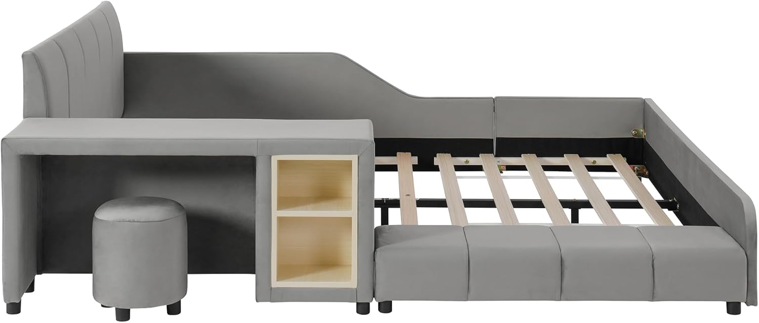 Upholstered Grounded Bed, Full Size Mother & Child Bed with Bedside Desk and Little Round Stool, Velvet Fabric, No Box Spring Needed (Gray, Full)