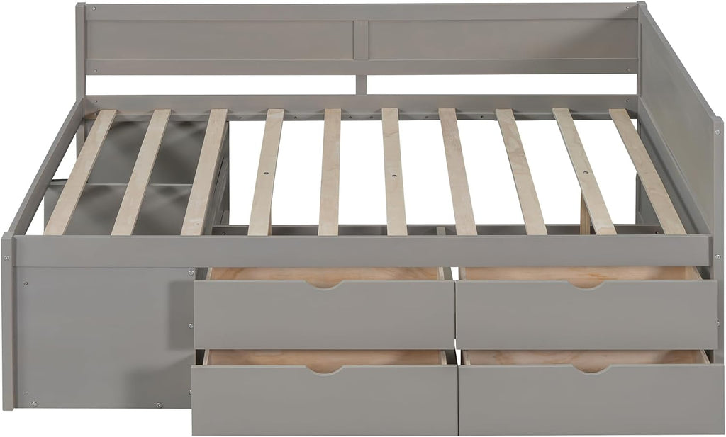 Full Size Daybed with 4 Pull-Out Drawers and 3 Functioning Shelves,Solid Wood Day Bed Frame with Wooden Slats Support for Bedroom,No Box Spring Required (Gray-AB41)