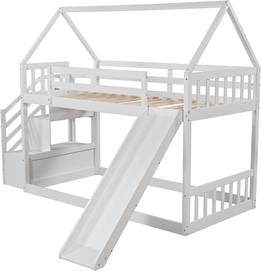 Twin Over Twin Bunk Bed with Slide for Kids Toddlers, House Bunk Bed Farm with Storage Steps and Roof Guardrail for Girls/Boys, No Spring Box Required (White-Storage Steps#2)
