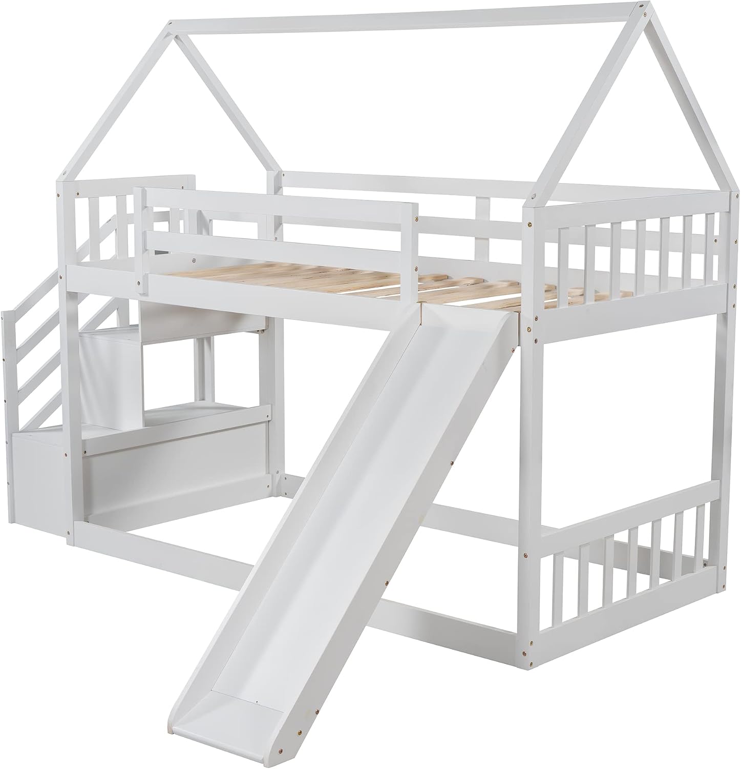 Twin Over Twin Bunk Bed with Slide for Kids Toddlers, House Bunk Bed Farm with Storage Steps and Roof Guardrail for Girls/Boys, No Spring Box Required (White-Storage Steps#2)